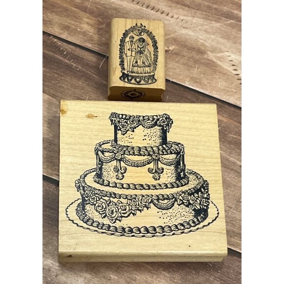 VINTAGE GOOD STAMPS WEDDING CAKE AND TOPPER WOOD MOUNTED RUBBER STAMP SET OF 2 - Picture 1 of 4
